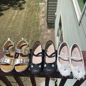 Lot of three (3) size 11 girls shoes. Black cat sparkles, white flower, gold